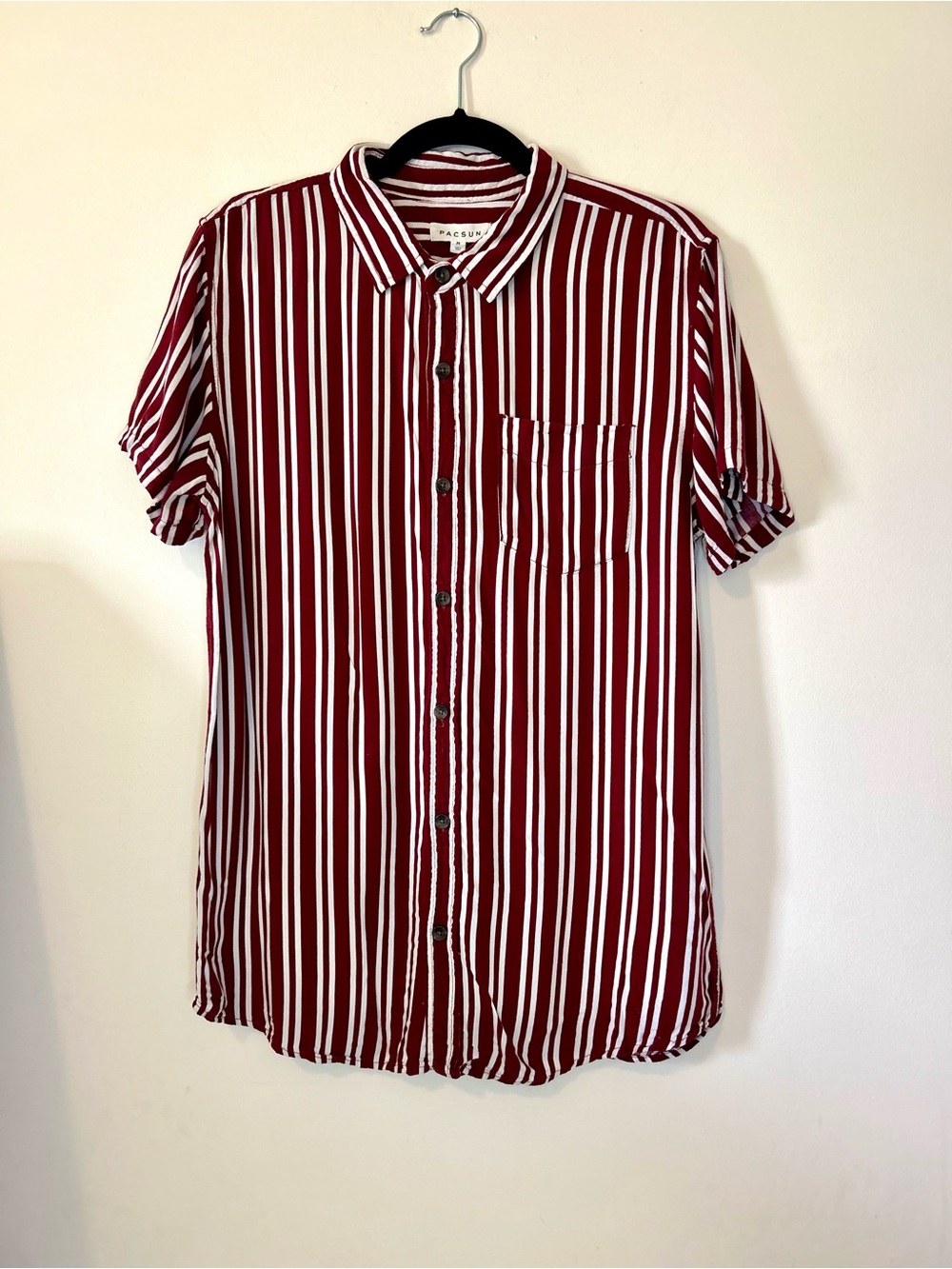 PacSun 100% Rayon Burgundy White Vertical Stripe Short Sleeve Button Up Shirt M
